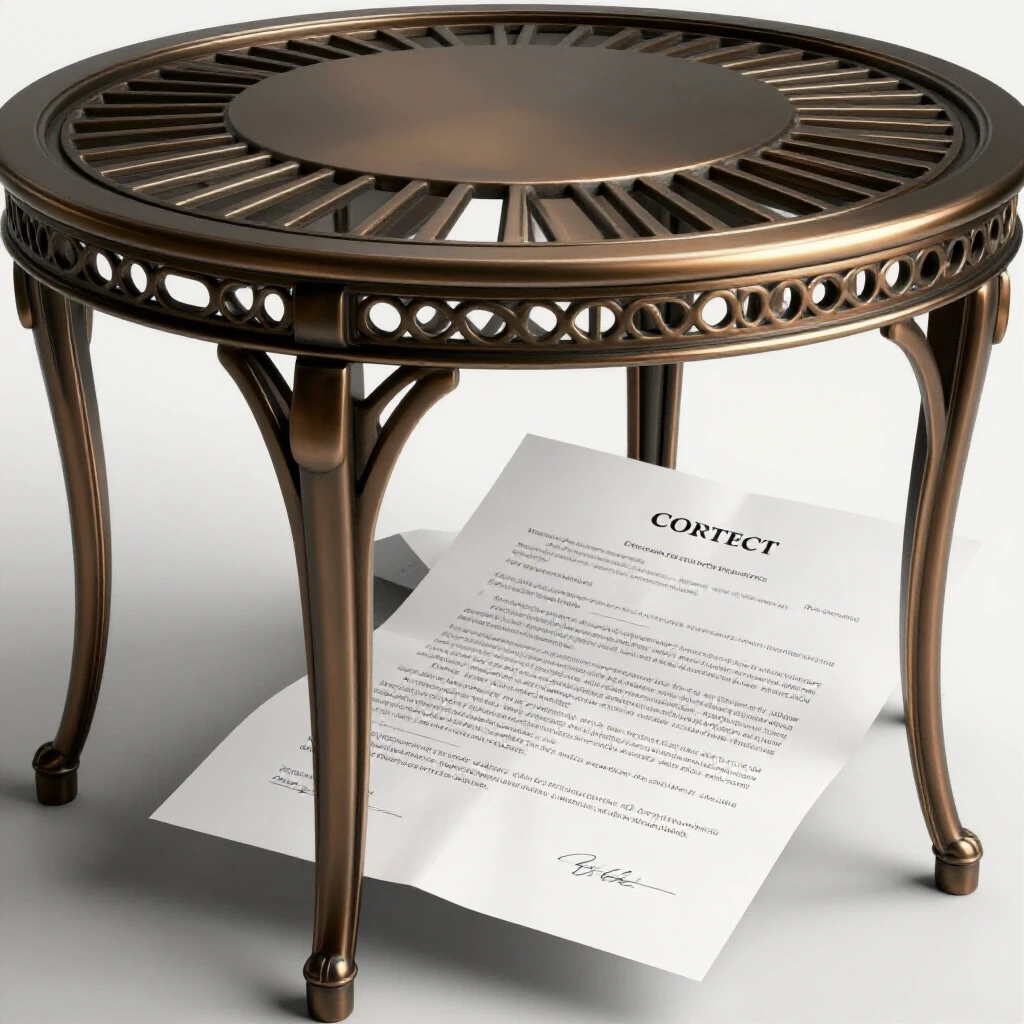 A polished metalwork piece alongside a crumpled contract, illustrating the contrast between precision and disarray.